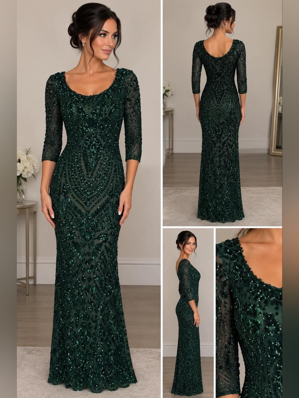 Rare Nadine Merabi Emerald Geometric Sequin Maxi Gown Dress S/M - Picture 1 of 10
